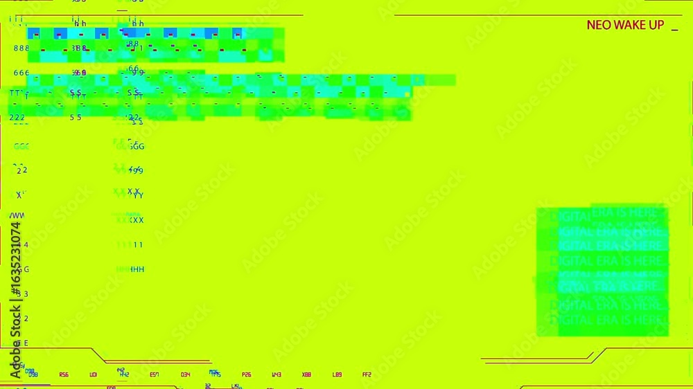 Poster a green screen video with a distorted, glitching text effect that reads digital era is here multiple