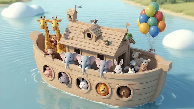 Animated Noah's Ark with Animals and Balloons