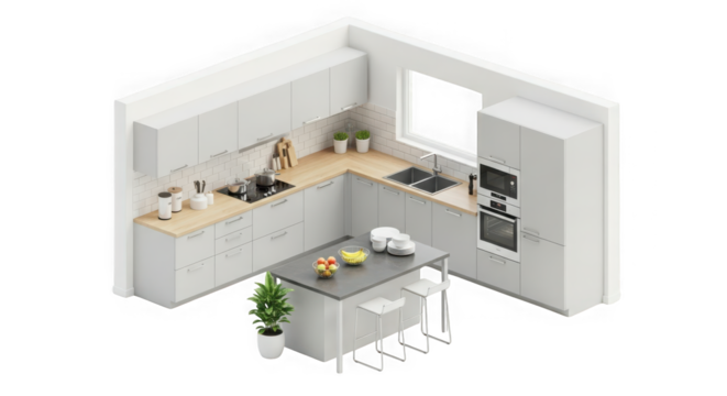 Modern l shaped kitchen design with island and bar stools isolated on transparent background - Powered by Adobe