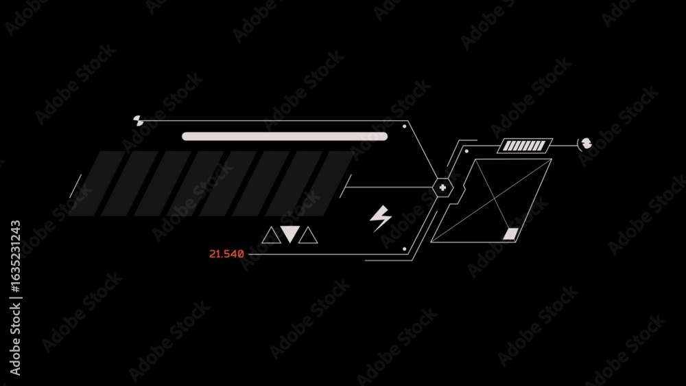 Poster white lines and shapes move and transition on a black background, creating a futuristic and abstract