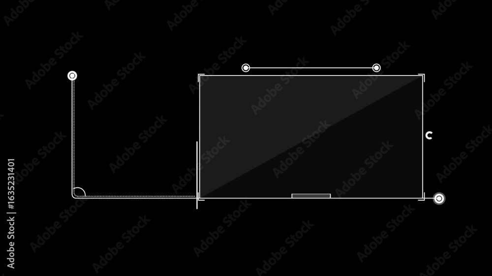 Poster a simple white line drawing of a rectangular surface on a black background. there are two circles at