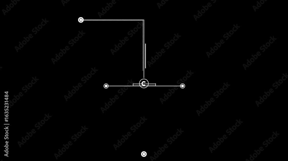 Poster a single white line extends horizontally across a black background. there are small white dots on th