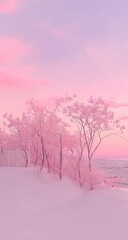 Pastel pink winter landscape with frosted trees