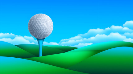 Golf Ball on Tee Against Sky and Green Hills Illustration
