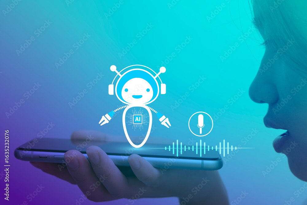 Poster woman using voice assistant on smartphone with ai chatbot interface and microphone icon on digital b