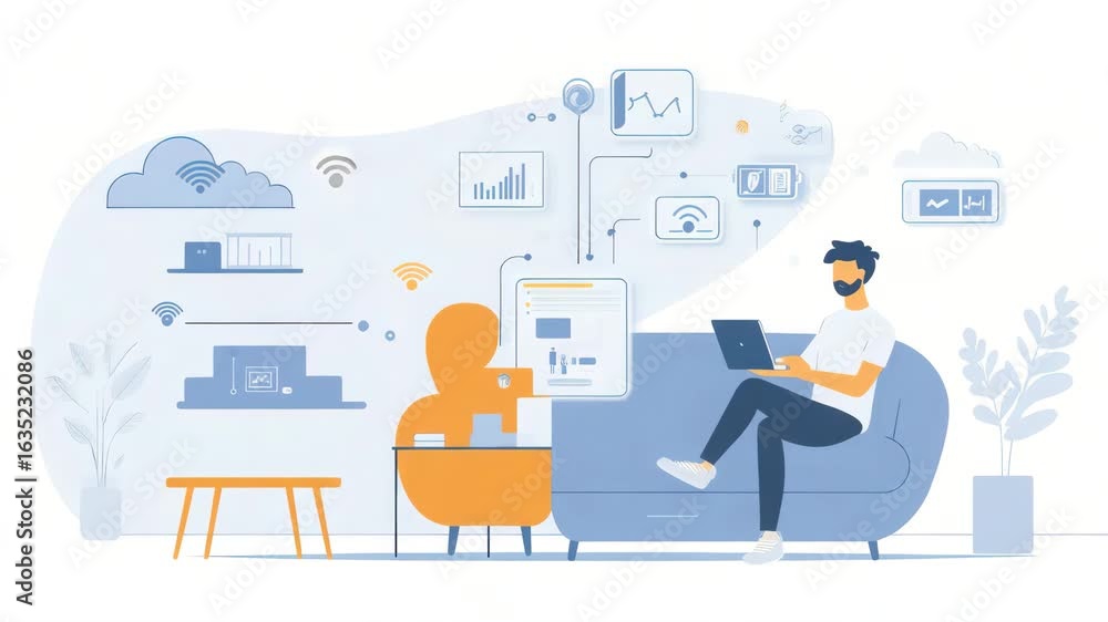 Poster modern technology lifestyle: man working on laptop with cloud computing and iot icons animated