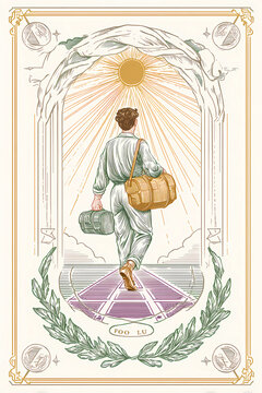 Art Deco Illustration of Traveler Walking Toward Golden Sun Carrying Bags in Ornate Decorative Frame
