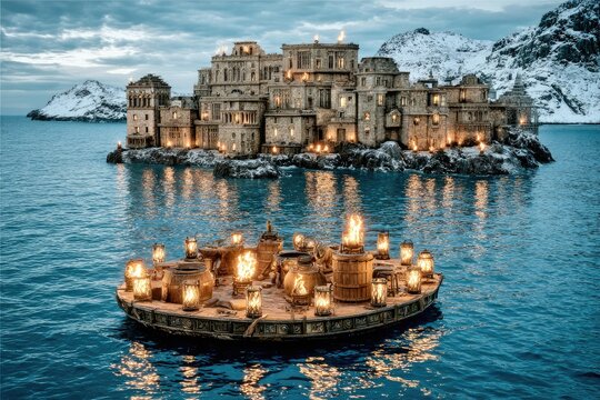 Island village afloat, lit by lanterns, snow-capped peaks - Powered by Adobe