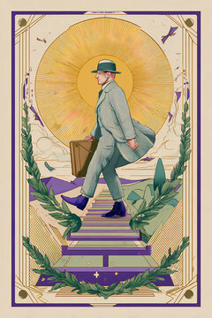 Art Deco Illustration of Traveler Walking Toward Golden Sun Carrying Bags in Ornate Decorative Frame