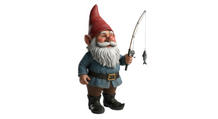 Charming garden gnome with a red hat and fishing rod standing proudly isolated on transparent background