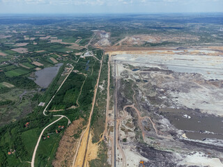 The abandoned, dead city near the Kolubara pit on coal mining by the open way. Drone view...