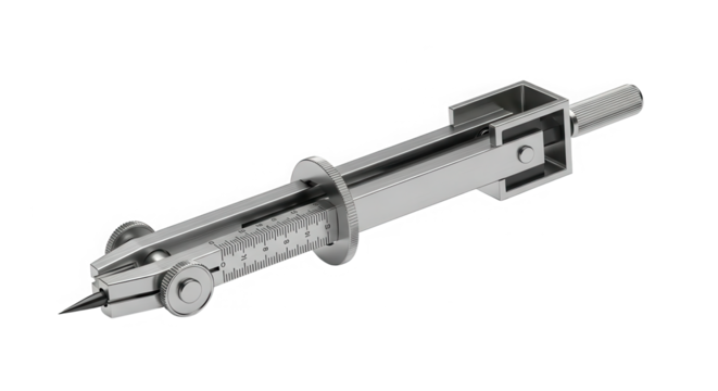 Detailed metallic measuring instrument with precise calibration markings isolated on transparent background