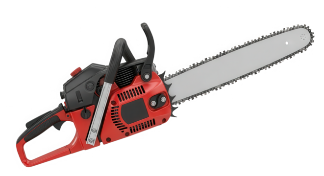 Powerful red chainsaw with silver bar and chain isolated on transparent background for design projects