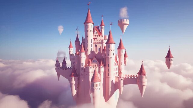 Fairytale world where a pastel pink castle gracefully floats among soft white clouds, complete with enchanting turrets and bridges linking to nearby sky dwellings