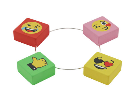 Four colorful emoji blocks with different expressions arranged in a circle isolated on transparent background