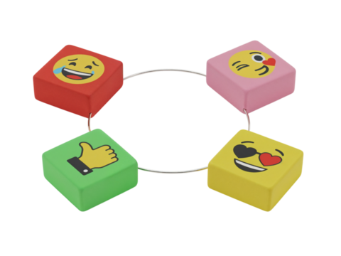 Four colorful emoji blocks with different expressions arranged in a circle isolated on transparent background