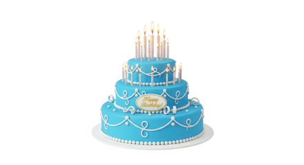 Elegant three tiered blue birthday cake adorned with white icing swirls and candles isolated on transparent background