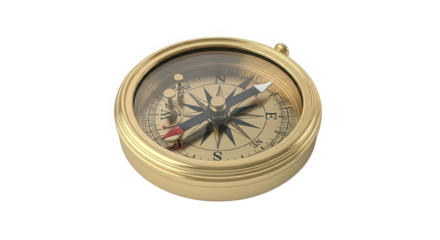Vintage brass pocket compass with detailed nautical rose and needle isolated on transparent background