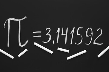 Number Pi written on black chalkboard with chalks in classroom