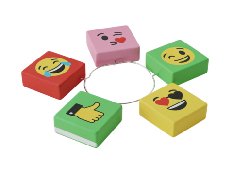 Five colorful emoji blocks with different facial expressions arranged in a circle isolated on transparent background