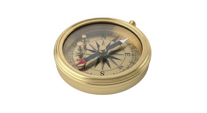 Vintage brass pocket compass with detailed nautical rose and needle isolated on transparent background