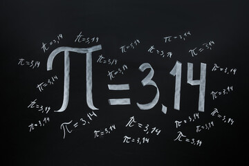 Number Pi written on black chalkboard in classroom