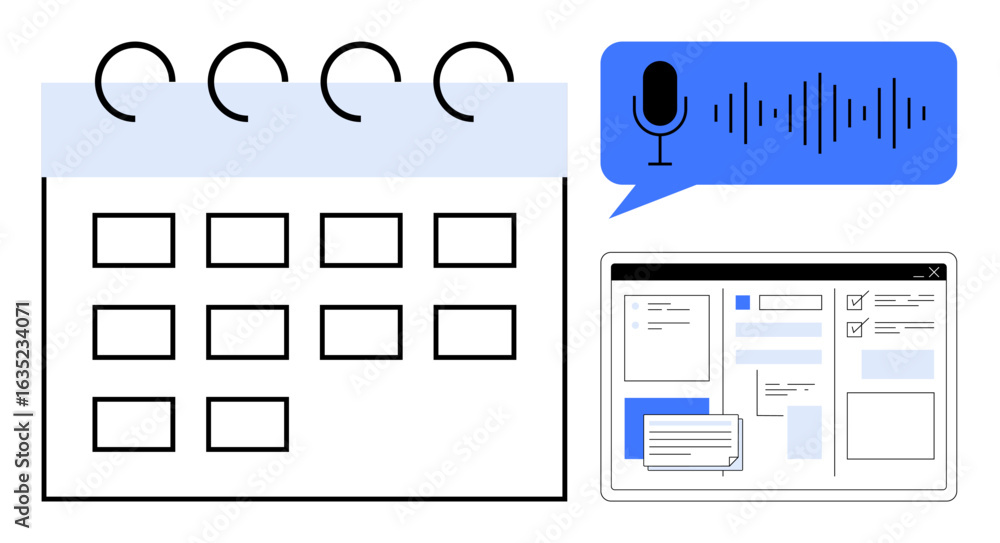 Poster calendar icon, voice recording bubble with waveform, collaborative interface on a screen. ideal for 