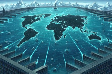 Frozen world map, library-like structure