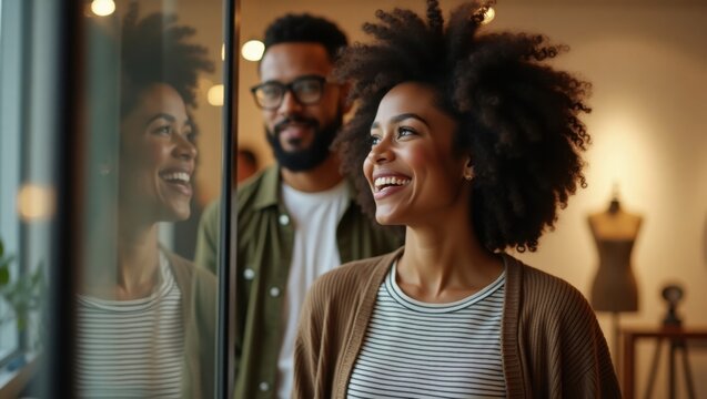 A smiling woman looking at a window with a man behind her in a store with a mannequin visible - Powered by Adobe