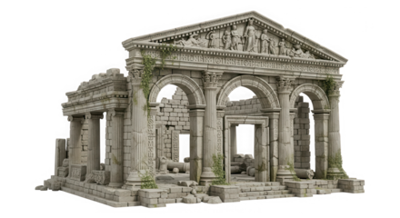 Ancient greek roman temple ruins architectural model with detailed columns arches and pediment isolated on transparent background