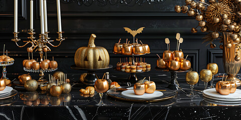 Golden pumpkins and candles on dark background creating elegant autumn display
