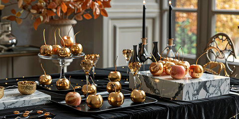 Elegant autumn display with gold pumpkins apples and candles on marble table
