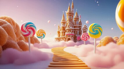 Vibrant candy meadow adorned with oversized lollipops and delicious caramel rocks. This whimsical journey culminates at a stunning gingerbread palace, surrounded by fluffy clouds - Powered by Adobe