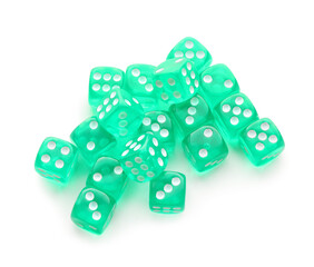 Heap of green game dices on white background