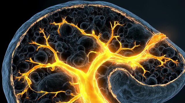 Animated crosssection of placenta with overactive glucose channels depicted in intense yellow glow symbolizing gestational diabetes impact.