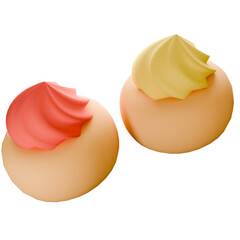 3D cupcakes with swirled pink, yellow, and white icing placed in triangle arrangement on white background, viewed from top.