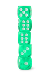 Stack of green game dices on white background
