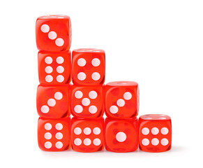 Stack of red game dices on white background