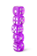 Stack of purple game dices on white background