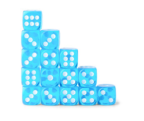 Stack of blue game dices on white background