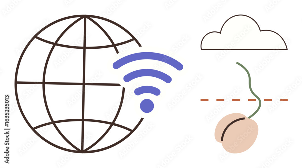 Poster earth globe with wireless signal, cloud outline, and sprouting seed connected by a dashed line. idea