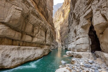Narrow canyon with turquoise river, rocky walls, and a cave