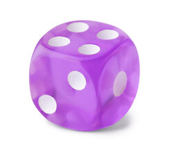 Purple game dice on white background