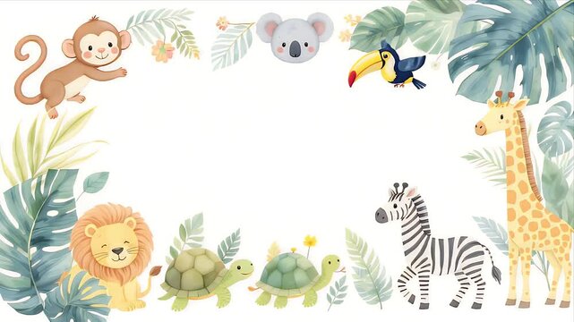 Cute Cartoon Animals in a Tropical Jungle Frame