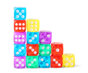 Stack of colorful game dices on white background