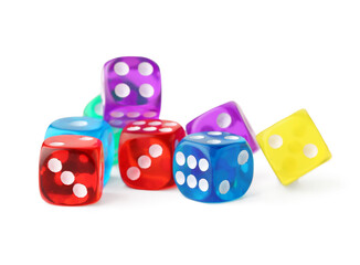 Many colorful game dices on white background