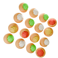 3D Pastel mini cupcakes arranged in a circle pattern on white background, forming decorative mandala-like design from top view.
