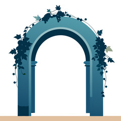 Fototapeta premium Elegant blue stone archway adorned with dark blue vines and leaves against a black background