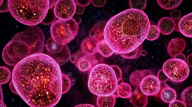 Detailed microscopic view of budding yeast cells with luminescent pink membranes flowing inside blood plasma.