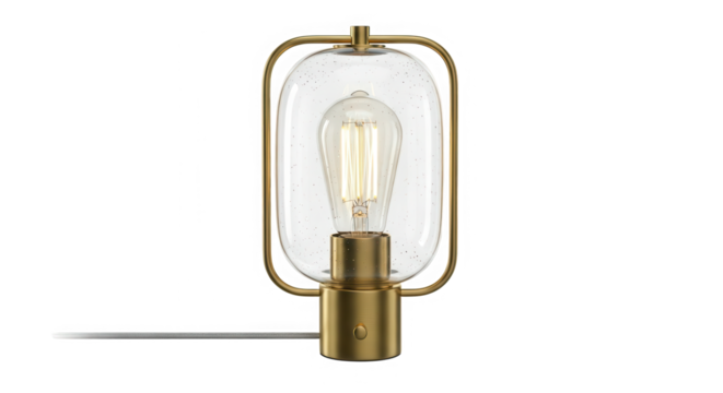 Elegant modern brass and frosted glass table lamp with exposed filament bulb isolated on transparent background
